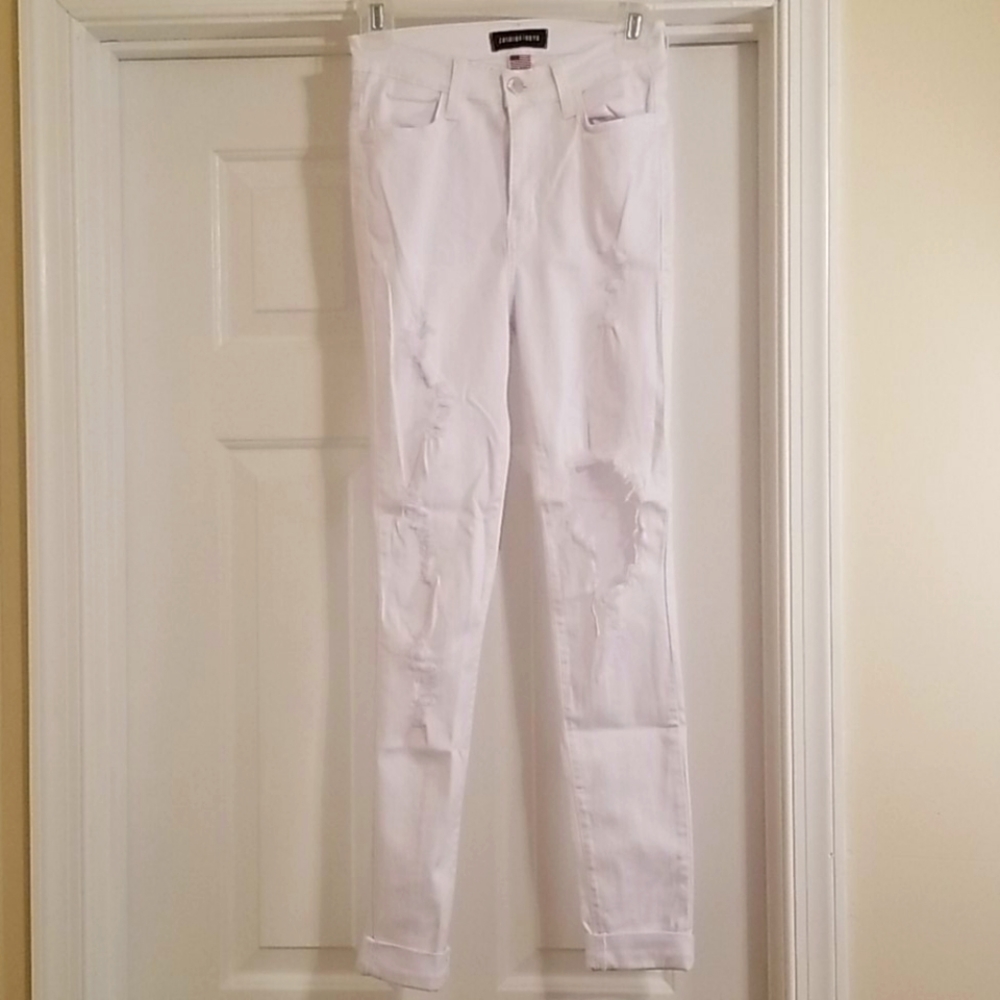 Fashion Nova distressed, white skinny jeans